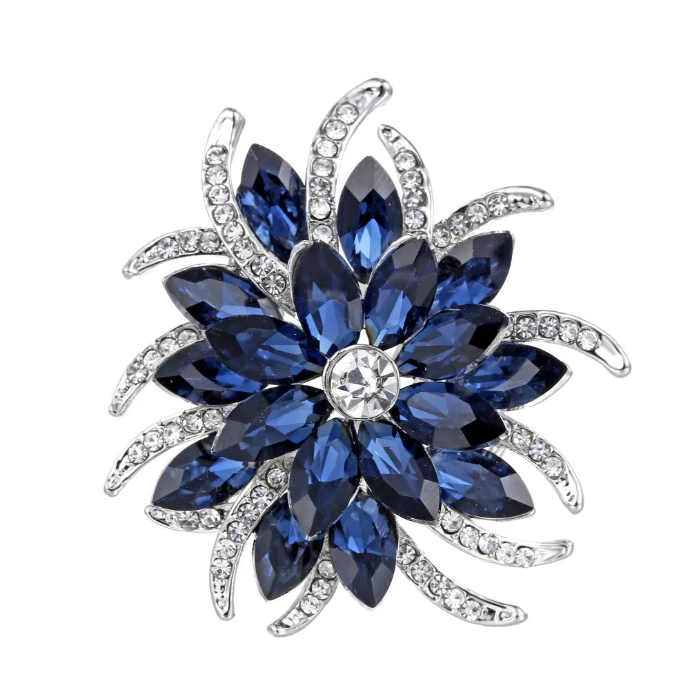 Broche à fleurs en cristal pour femmes, bleu profond, plante, Badge élégant, bijoux à la mode, broche pour fête de mariage, cadeaux de fête