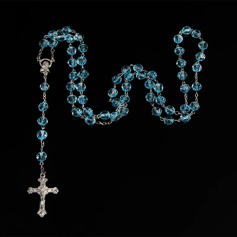 Chapelet coupé de 8mm, perles de cristal en plastique, collier catholique avec médaille de terre sacrée, croix de prière, bijoux religieux