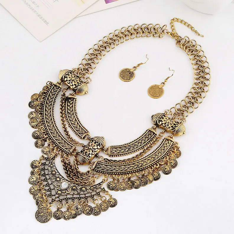 Ensembles de bijoux de collier ras du cou pour femmes, collier de déclaration bohème gitane ethnique, gland de pièce de monnaie, boucles d'oreilles pendantes de la présidence, mode