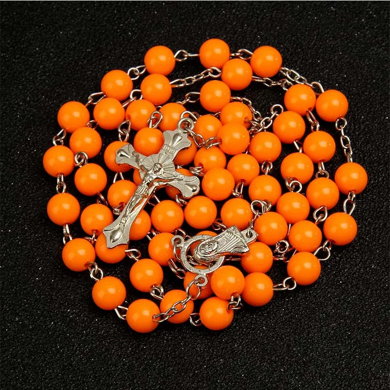 Chapelet coupé de 8mm, perles de cristal en plastique, collier catholique avec médaille de terre sacrée, croix de prière, bijoux religieux