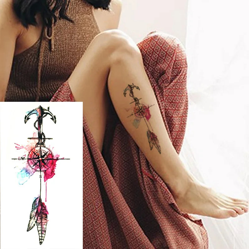 1 pièces boussole flèches chaud noir blanc grande fleur henné tatouage temporaire noir Mehndi Style étanche tatouage autocollant