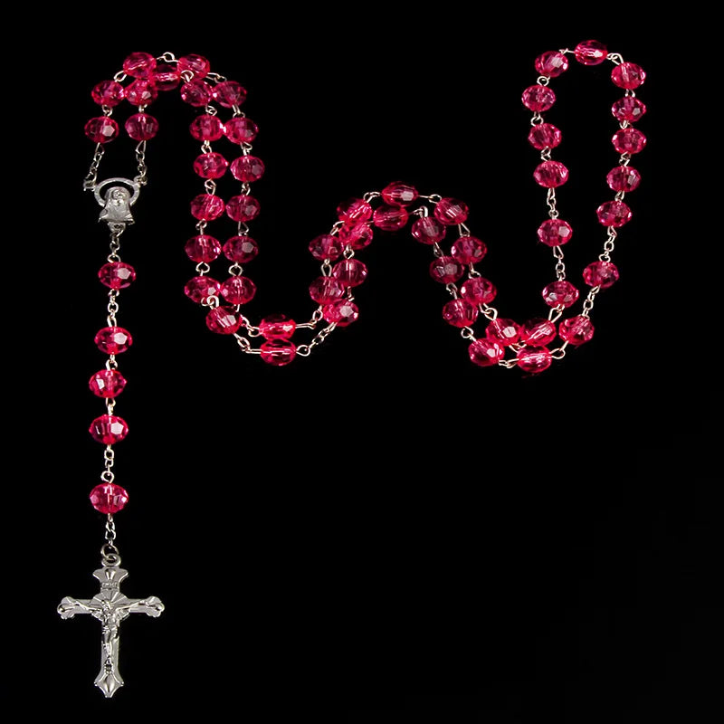 Chapelet coupé de 8mm, perles de cristal en plastique, collier catholique avec médaille de terre sacrée, croix de prière, bijoux religieux