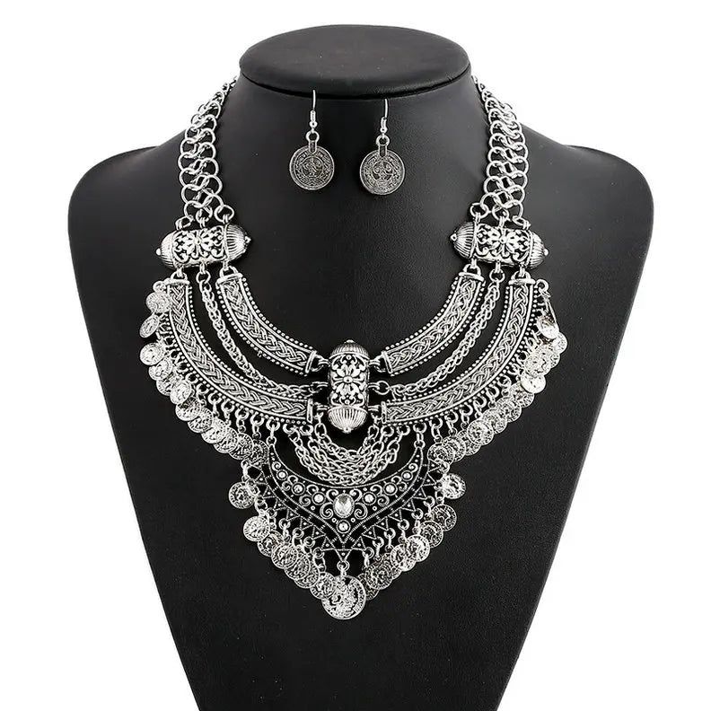 Ensembles de bijoux de collier ras du cou pour femmes, collier de déclaration bohème gitane ethnique, gland de pièce de monnaie, boucles d'oreilles pendantes de la présidence, mode