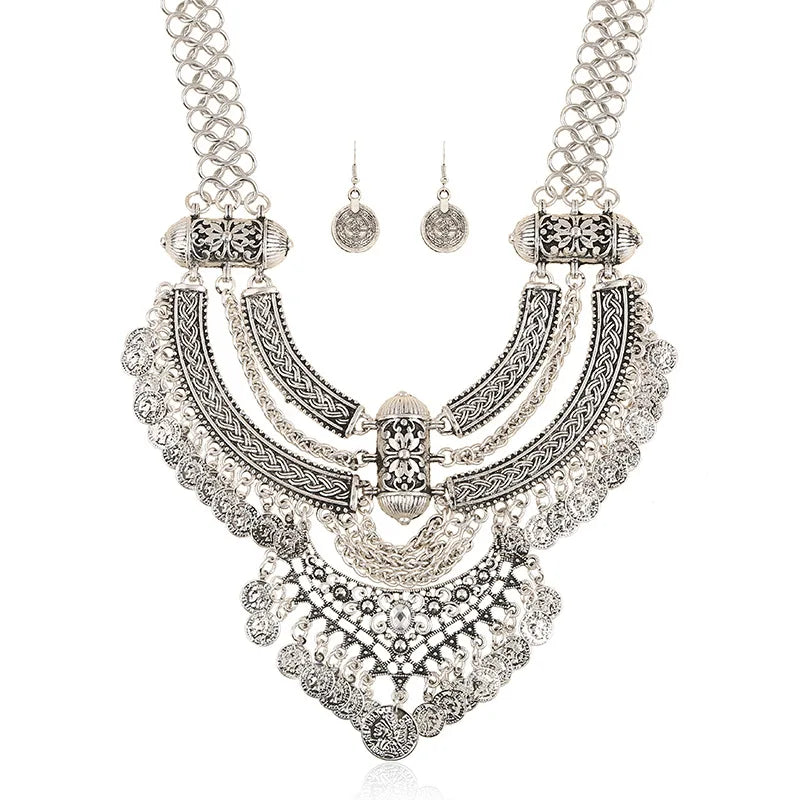 Ensembles de bijoux de collier ras du cou pour femmes, collier de déclaration bohème gitane ethnique, gland de pièce de monnaie, boucles d'oreilles pendantes de la présidence, mode