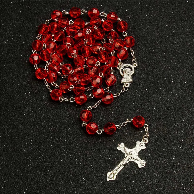 Chapelet coupé de 8mm, perles de cristal en plastique, collier catholique avec médaille de terre sacrée, croix de prière, bijoux religieux