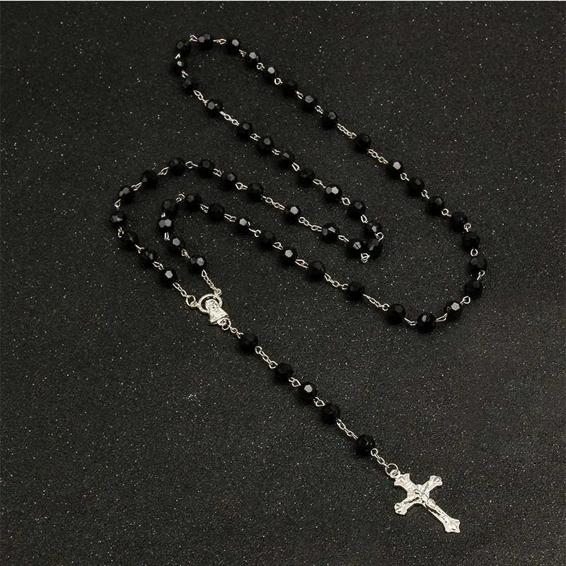 Chapelet coupé de 8mm, perles de cristal en plastique, collier catholique avec médaille de terre sacrée, croix de prière, bijoux religieux