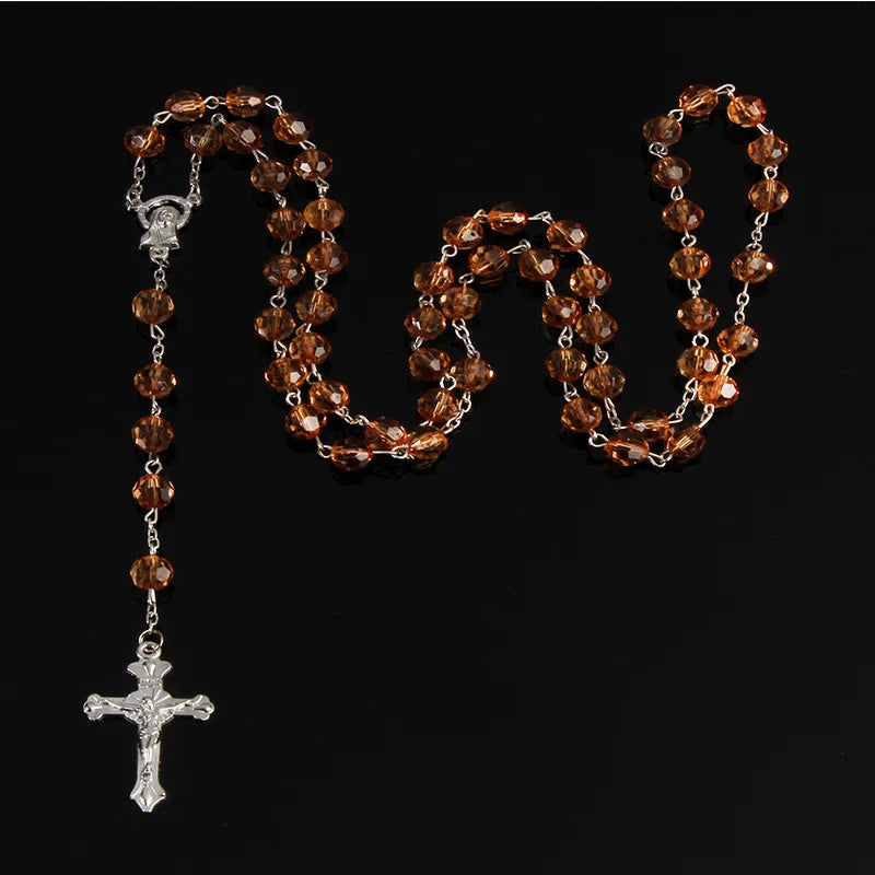 Chapelet coupé de 8mm, perles de cristal en plastique, collier catholique avec médaille de terre sacrée, croix de prière, bijoux religieux