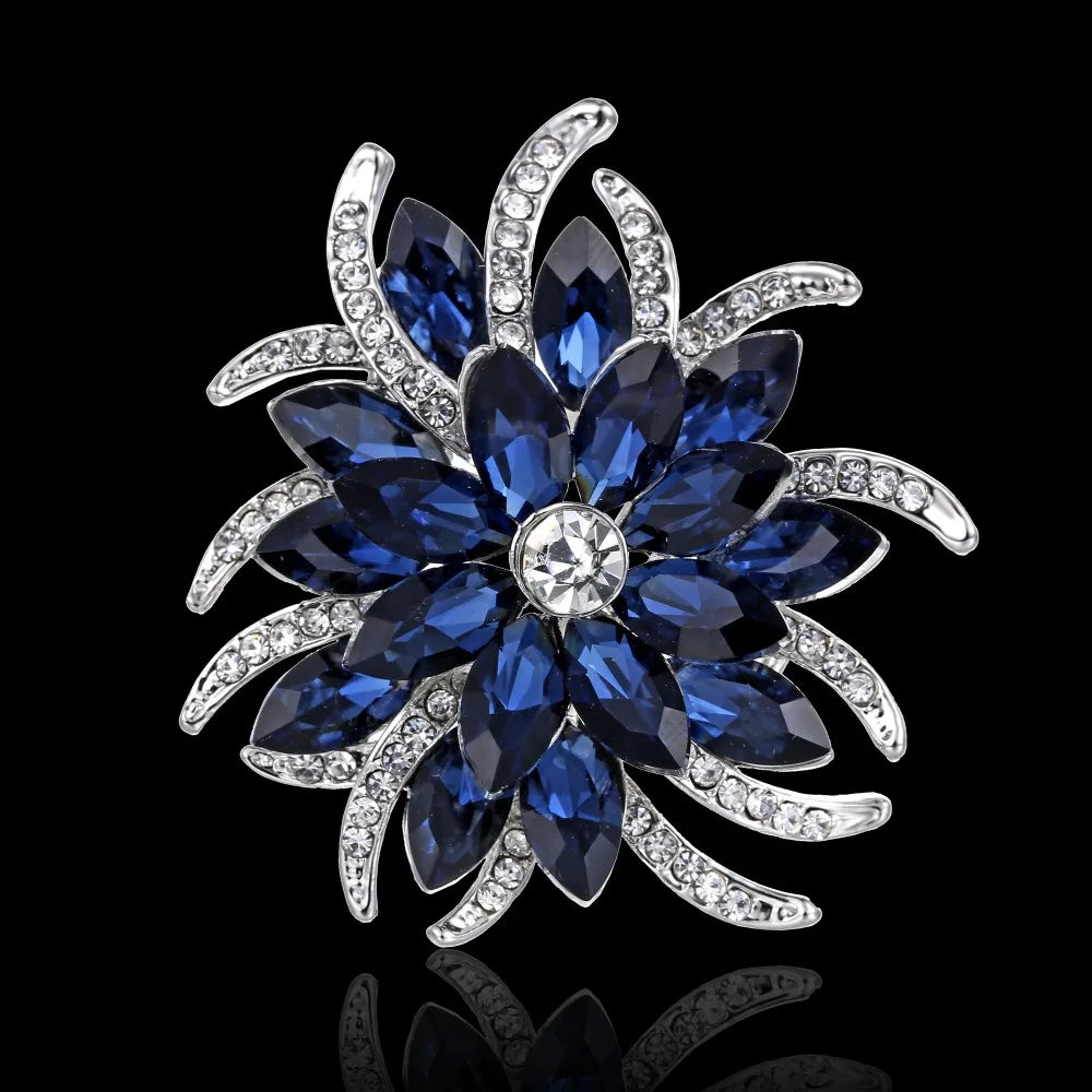 Broche à fleurs en cristal pour femmes, bleu profond, plante, Badge élégant, bijoux à la mode, broche pour fête de mariage, cadeaux de fête