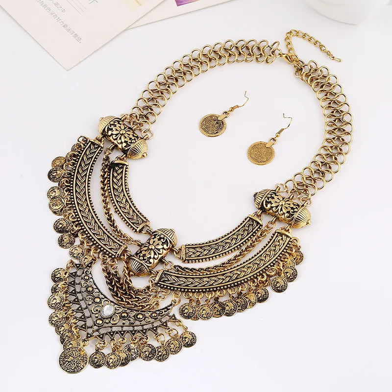 Ensembles de bijoux de collier ras du cou pour femmes, collier de déclaration bohème gitane ethnique, gland de pièce de monnaie, boucles d'oreilles pendantes de la présidence, mode