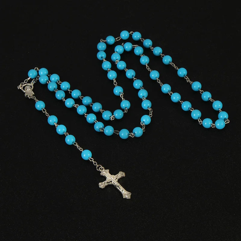 Chapelet coupé de 8mm, perles de cristal en plastique, collier catholique avec médaille de terre sacrée, croix de prière, bijoux religieux