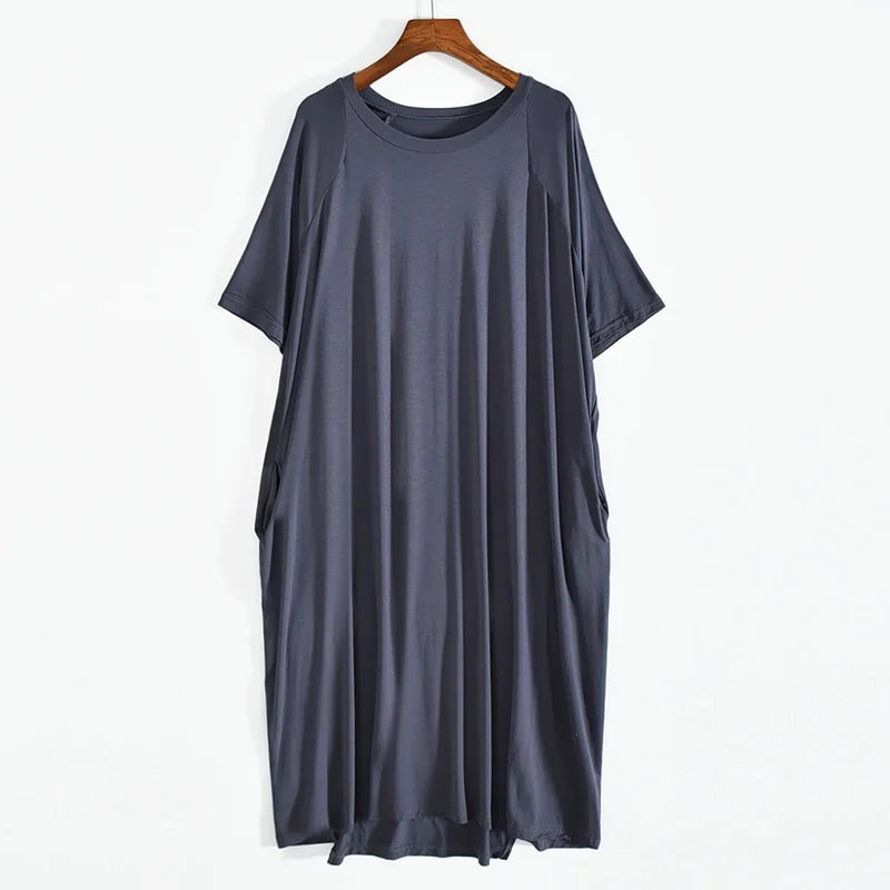 Robe longue d'été en modal pour femmes, grande taille 8XL 150kg, col rond, manches courtes, douce et confortable, décontractée, pour la maison