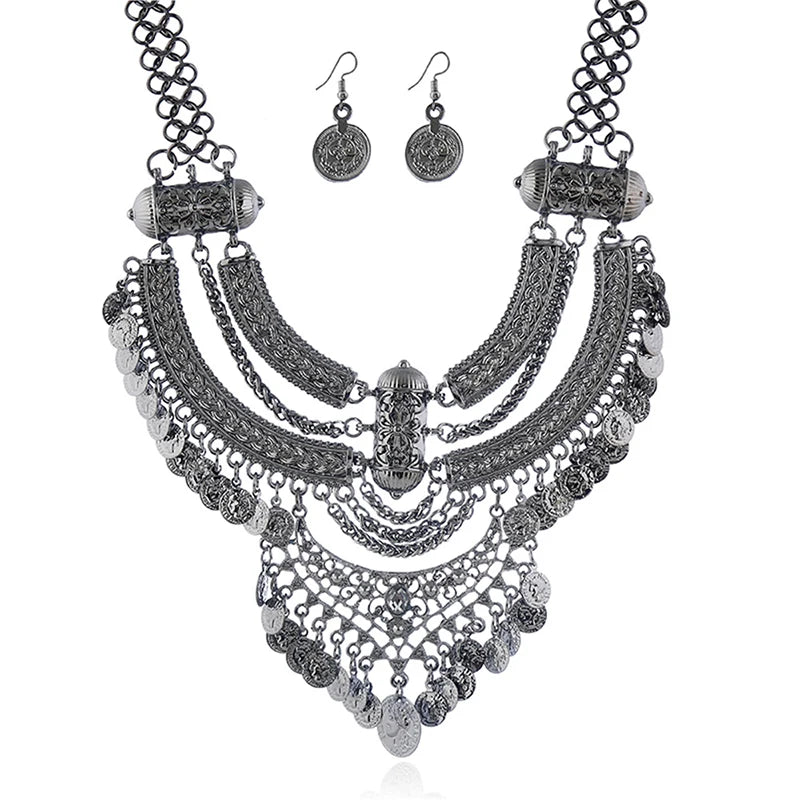 Ensembles de bijoux de collier ras du cou pour femmes, collier de déclaration bohème gitane ethnique, gland de pièce de monnaie, boucles d'oreilles pendantes de la présidence, mode