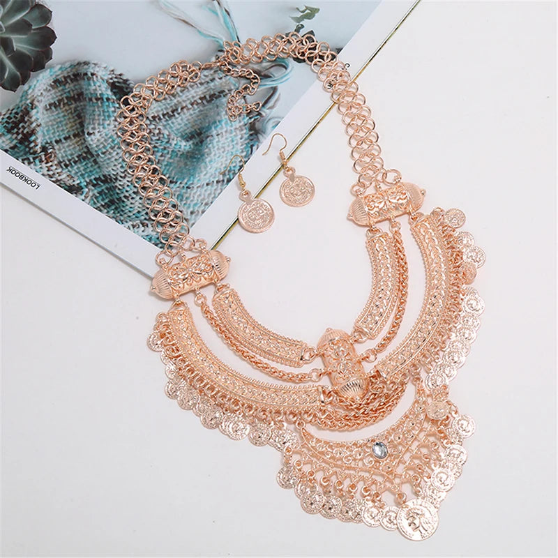 Ensembles de bijoux de collier ras du cou pour femmes, collier de déclaration bohème gitane ethnique, gland de pièce de monnaie, boucles d'oreilles pendantes de la présidence, mode