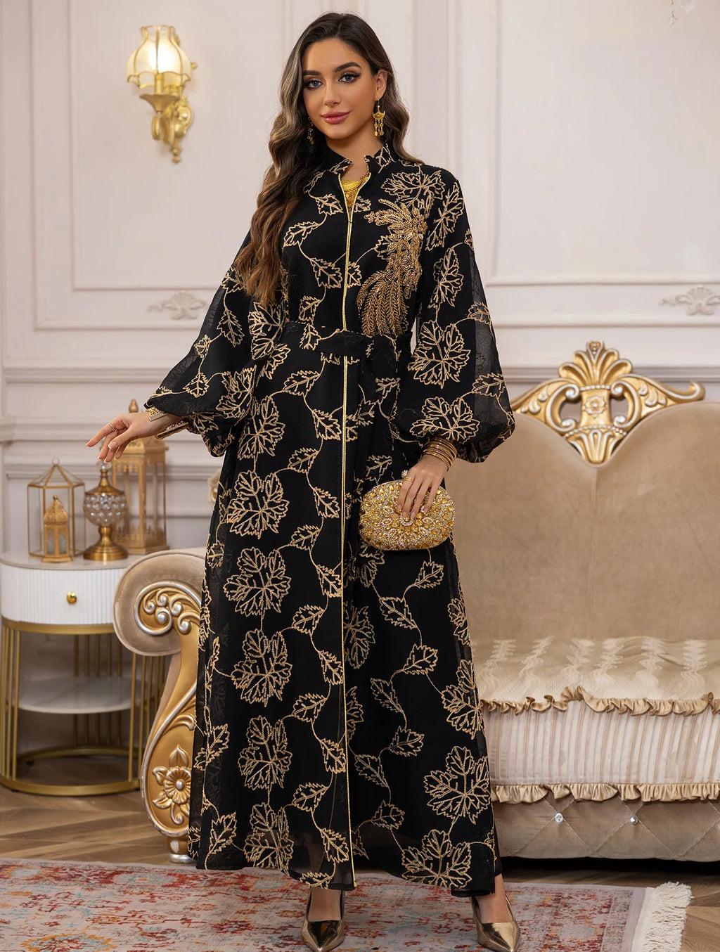 Abaya Or Floral Brodé Longue Robe Élégante