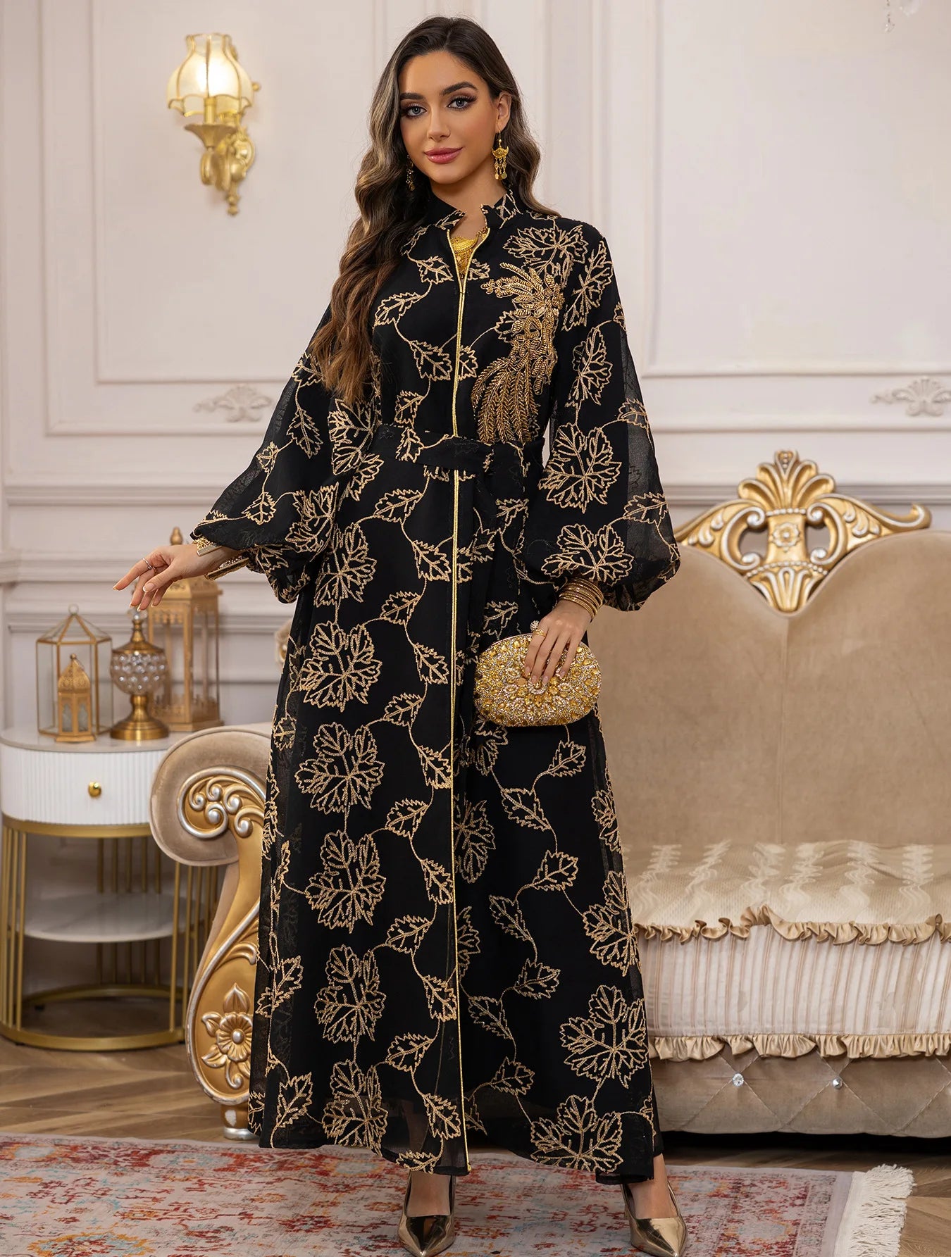 Abaya Or Floral Brodé Longue Robe Élégante