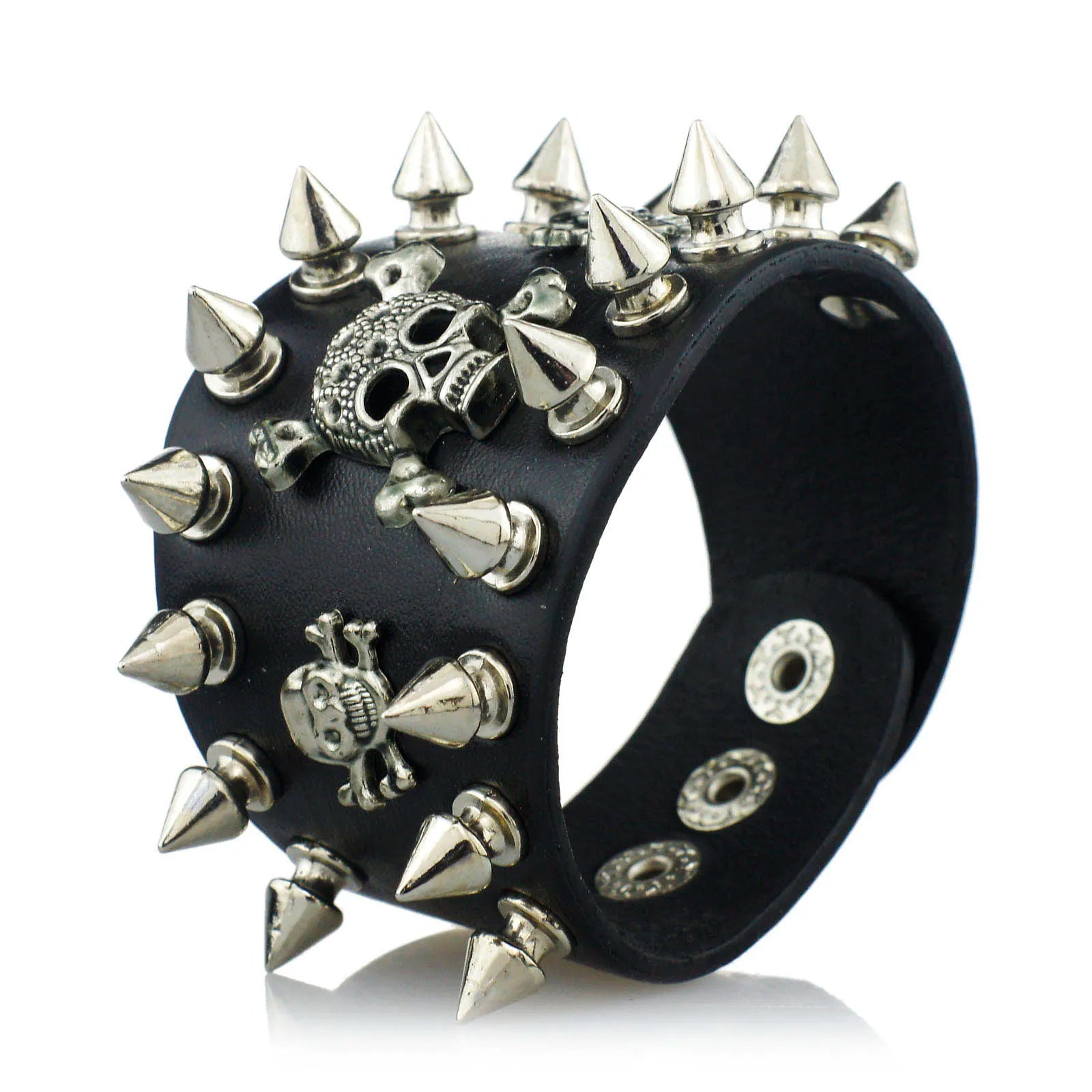 Bracelet en Cuir à Large Manchette, Modèle Unique Rock, Pointes, Rivet, Modules Gothiques, Squelette, Crâne, Punk, Biker, S059