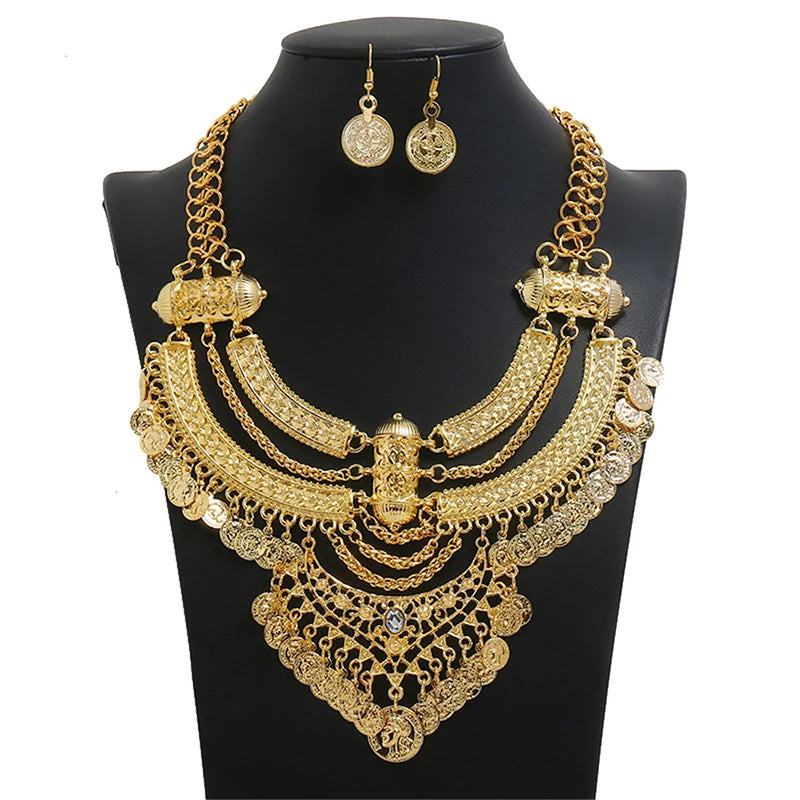 Ensembles de bijoux de collier ras du cou pour femmes, collier de déclaration bohème gitane ethnique, gland de pièce de monnaie, boucles d'oreilles pendantes de la présidence, mode