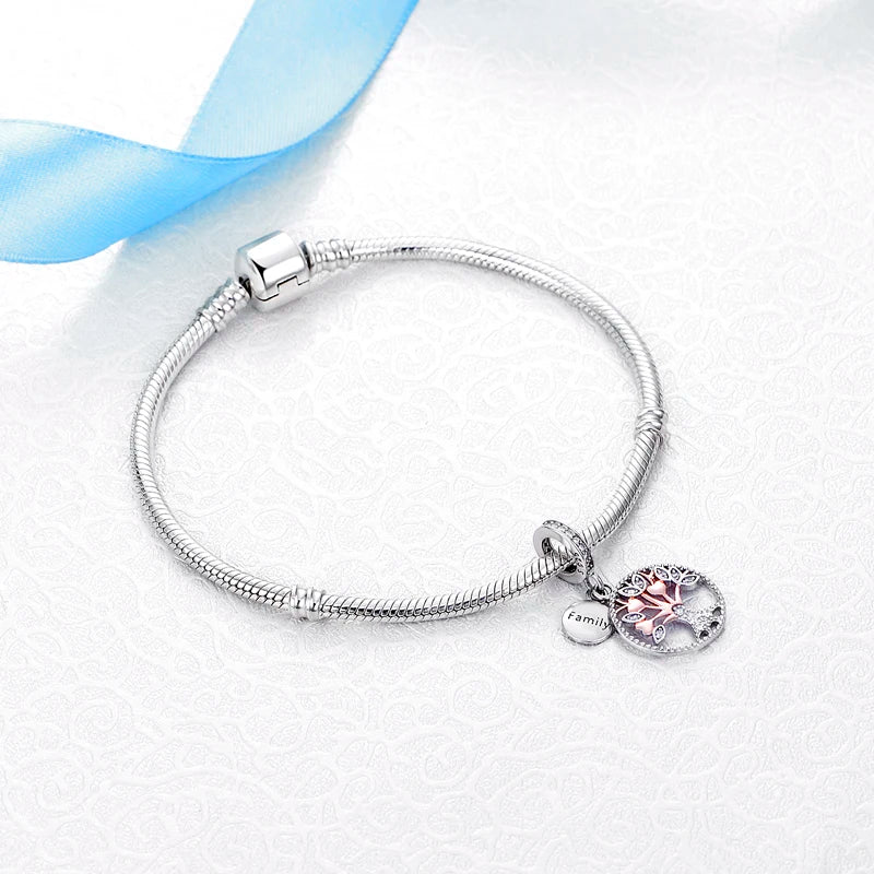 Original 925 en argent Sterling breloque perle arbre généalogique maman pendentif chaîne de sécurité breloques or Rose ajustement marque Bracelets bijoux à bricoler soi-même