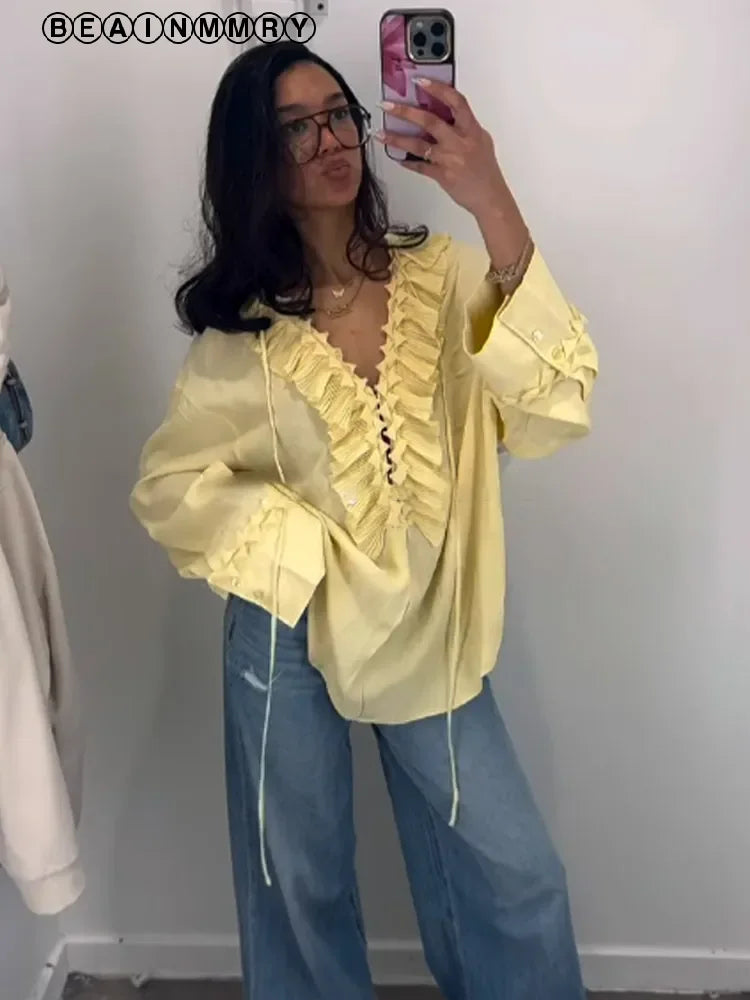 Chemise en mousseline de soie à volants pour femmes, manches longues, décontractée