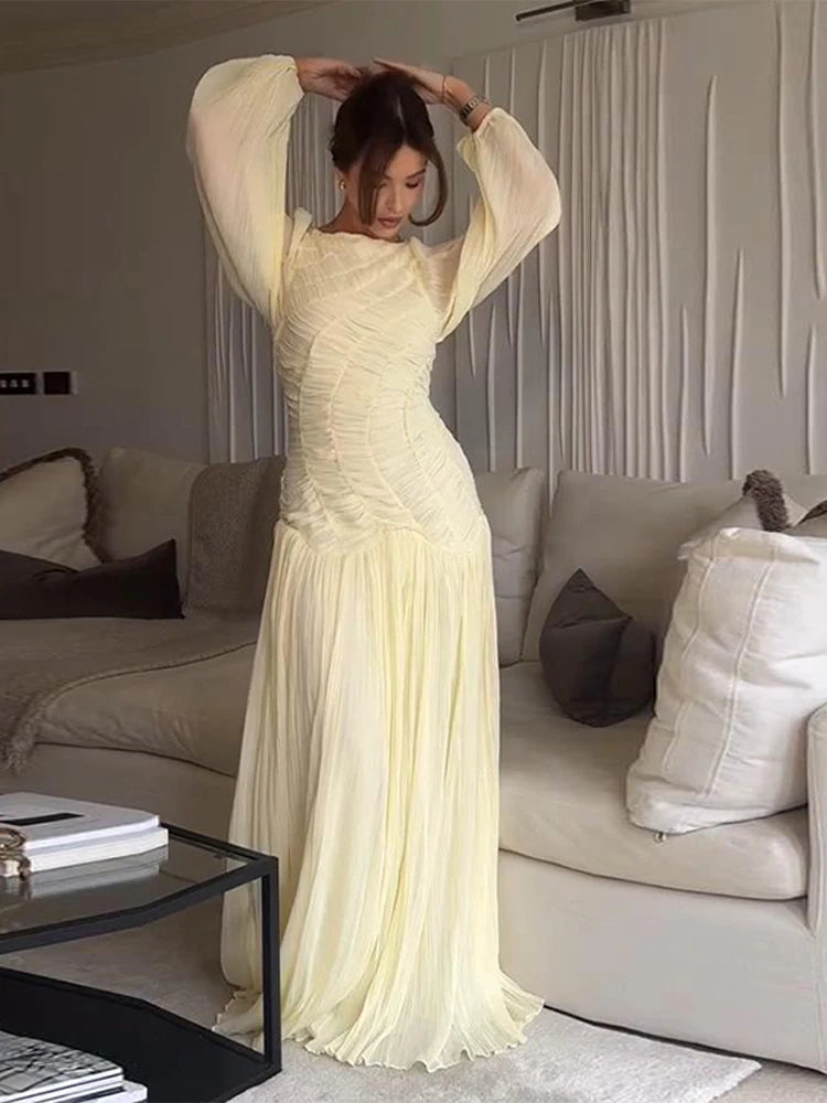 Robe longue plissée en mousseline de soie pour femme