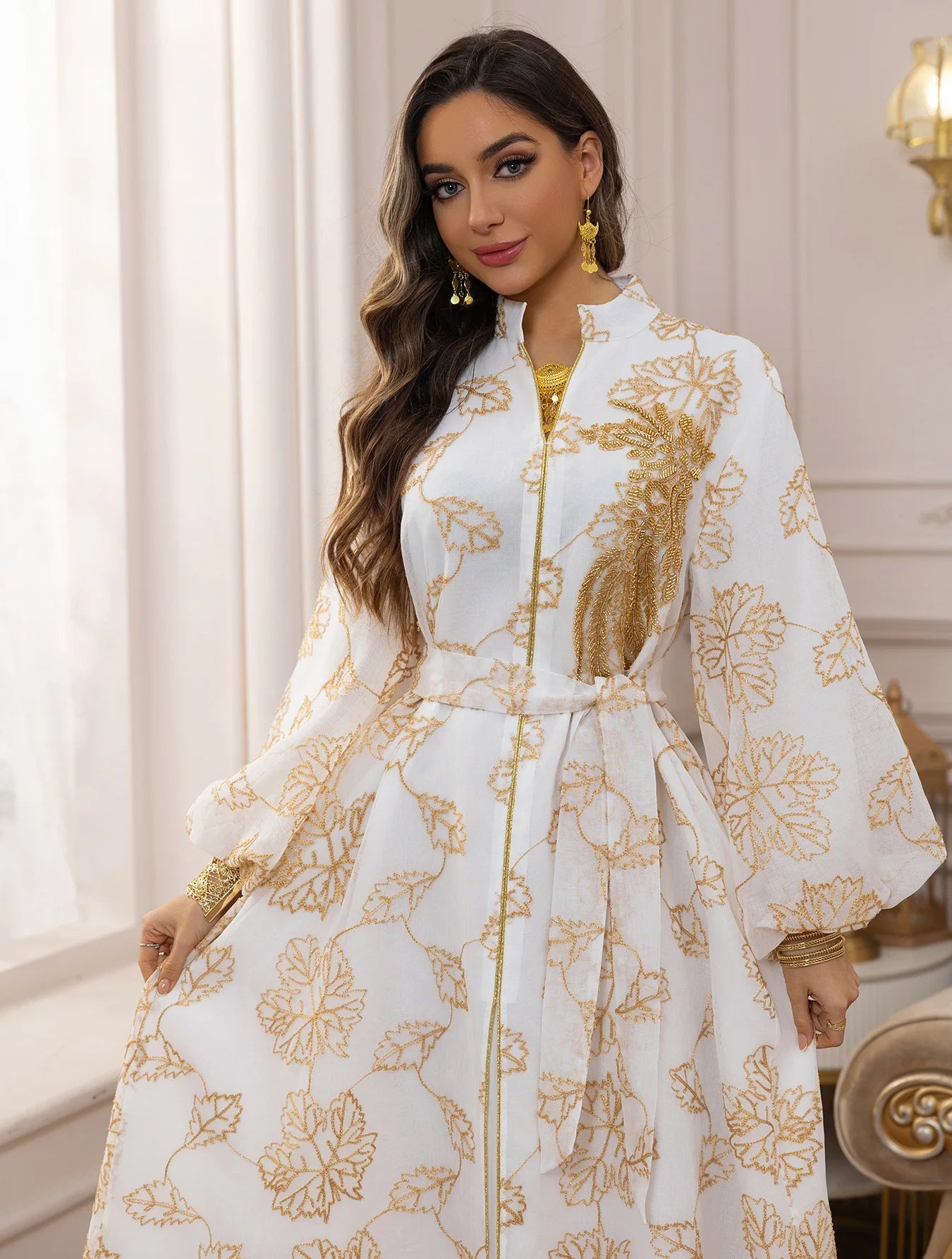 Abaya Or Floral Brodé Longue Robe Élégante