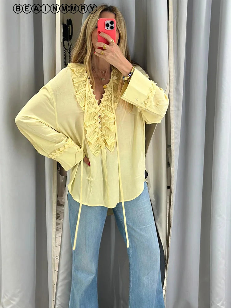 Chemise en mousseline de soie à volants pour femmes, manches longues, décontractée