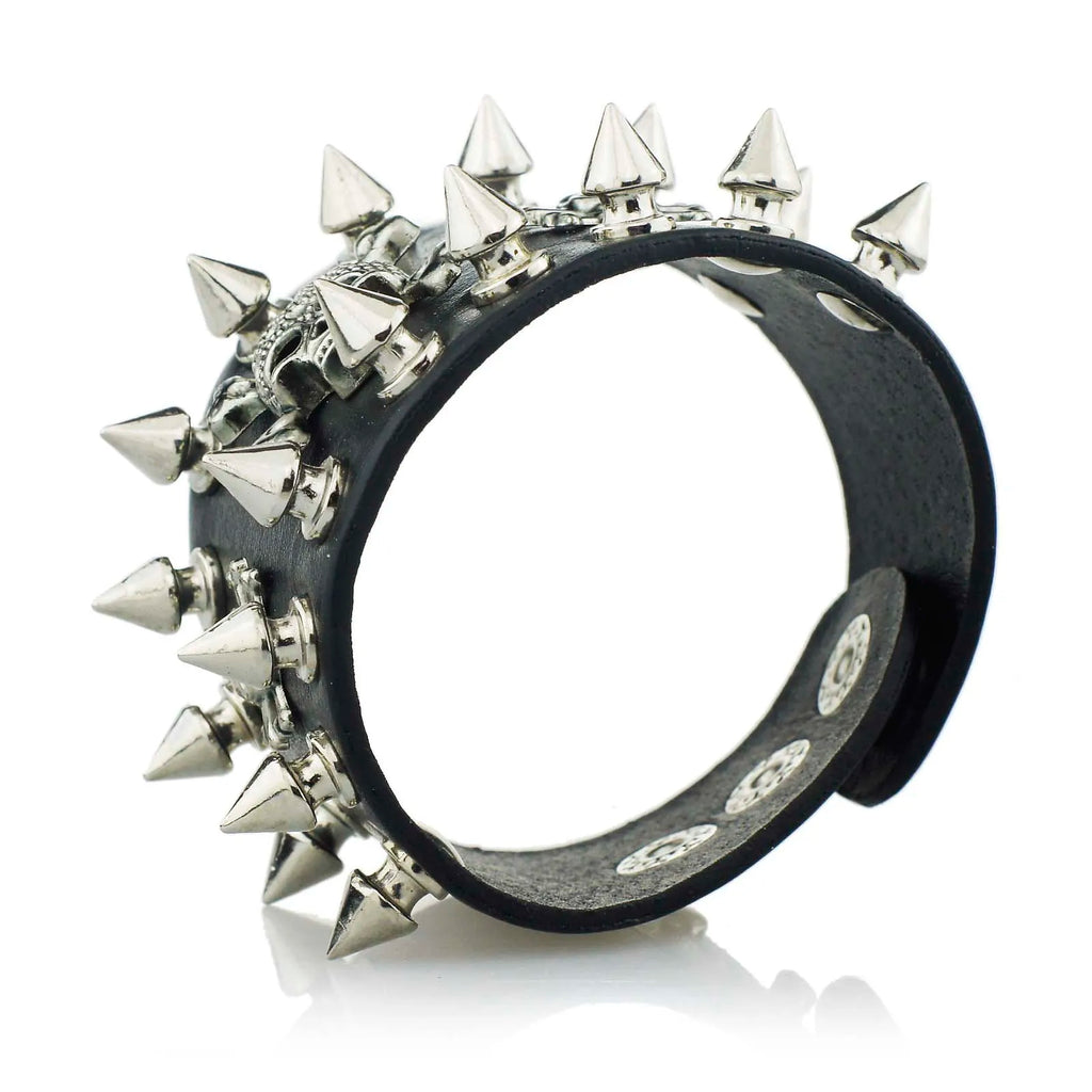 Bracelet en Cuir à Large Manchette, Modèle Unique Rock, Pointes, Rivet, Modules Gothiques, Squelette, Crâne, Punk, Biker, S059
