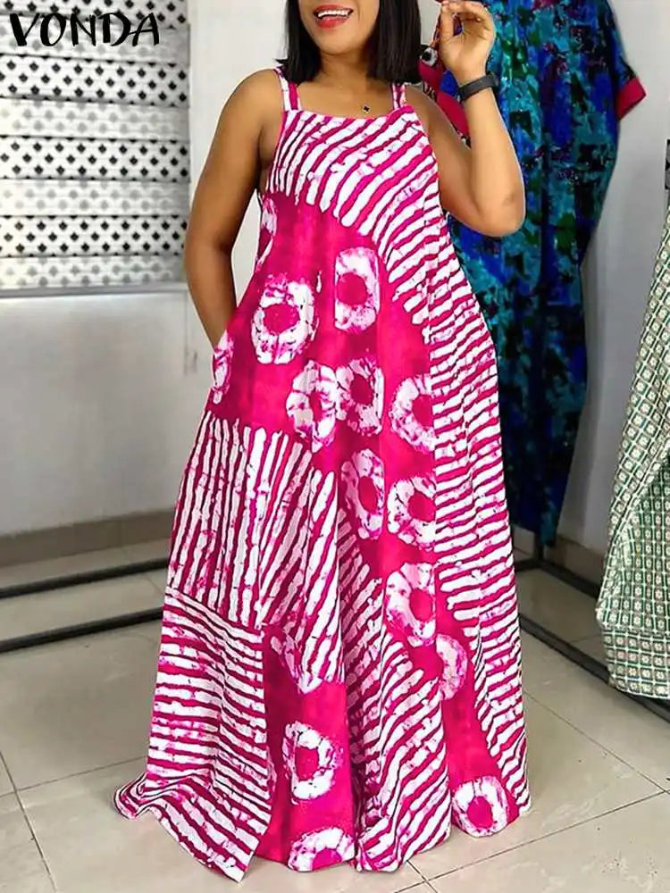 Grande taille 5XL VONDA bohème imprimé Robe Maxi 2025 été sans manches fête plage Robe d'été réservoir longue Robe décontracté Robe ample