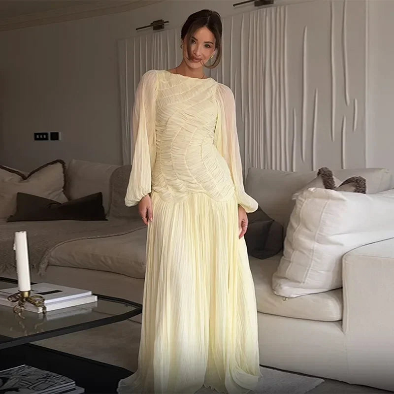 Robe longue plissée en mousseline de soie pour femme