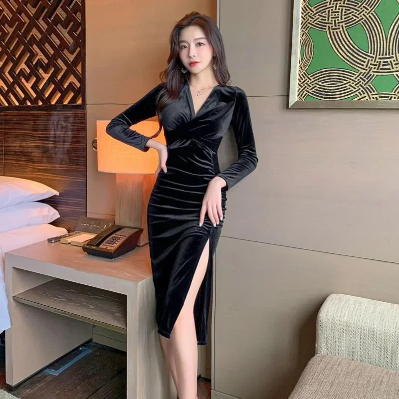 Grande taille sexy longue robe amincissante fente haute personnalité élégante nouveau 2025 tendance de la mode dame légère maturité style moulante...