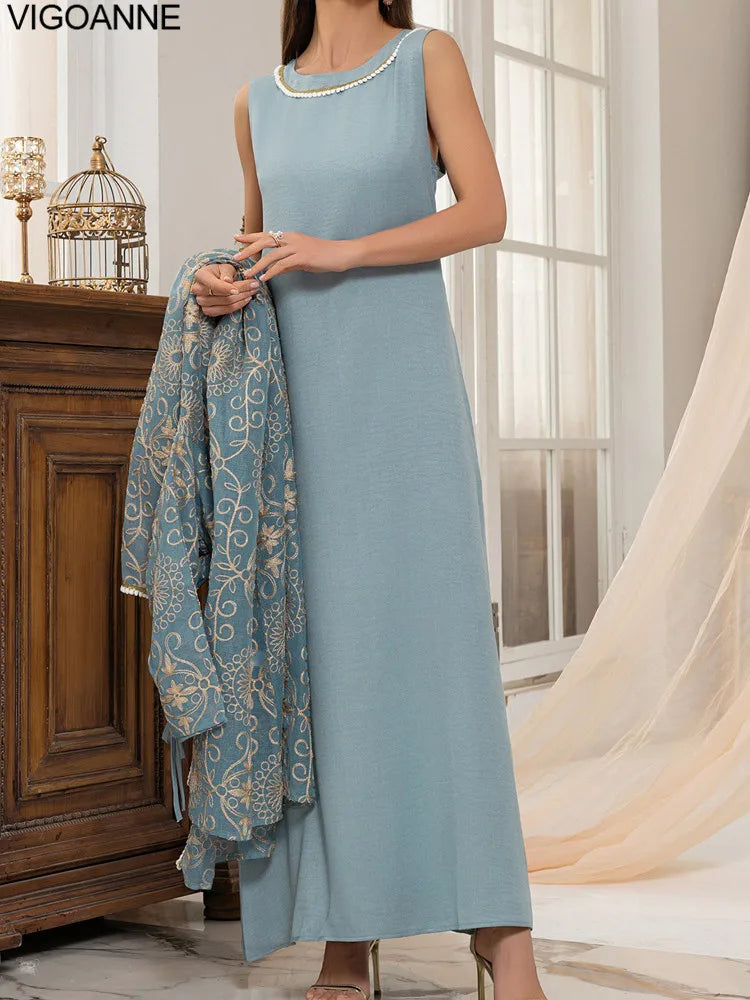 VigoAnne femmes 2025 robe musulmane ensemble moyen-orient deux pièces vêtements islamiques costume solide robe de prière col rond dame dubaï Abaya ensemble
