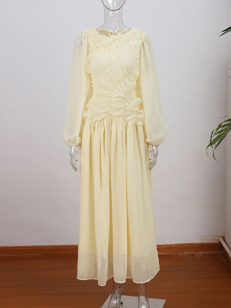 Robe longue plissée en mousseline de soie pour femme