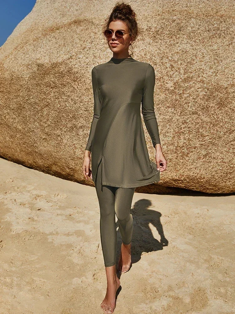 Burkini musulman pour femme, maillot de bain uni et modeste, ensembles de vêtements islamique