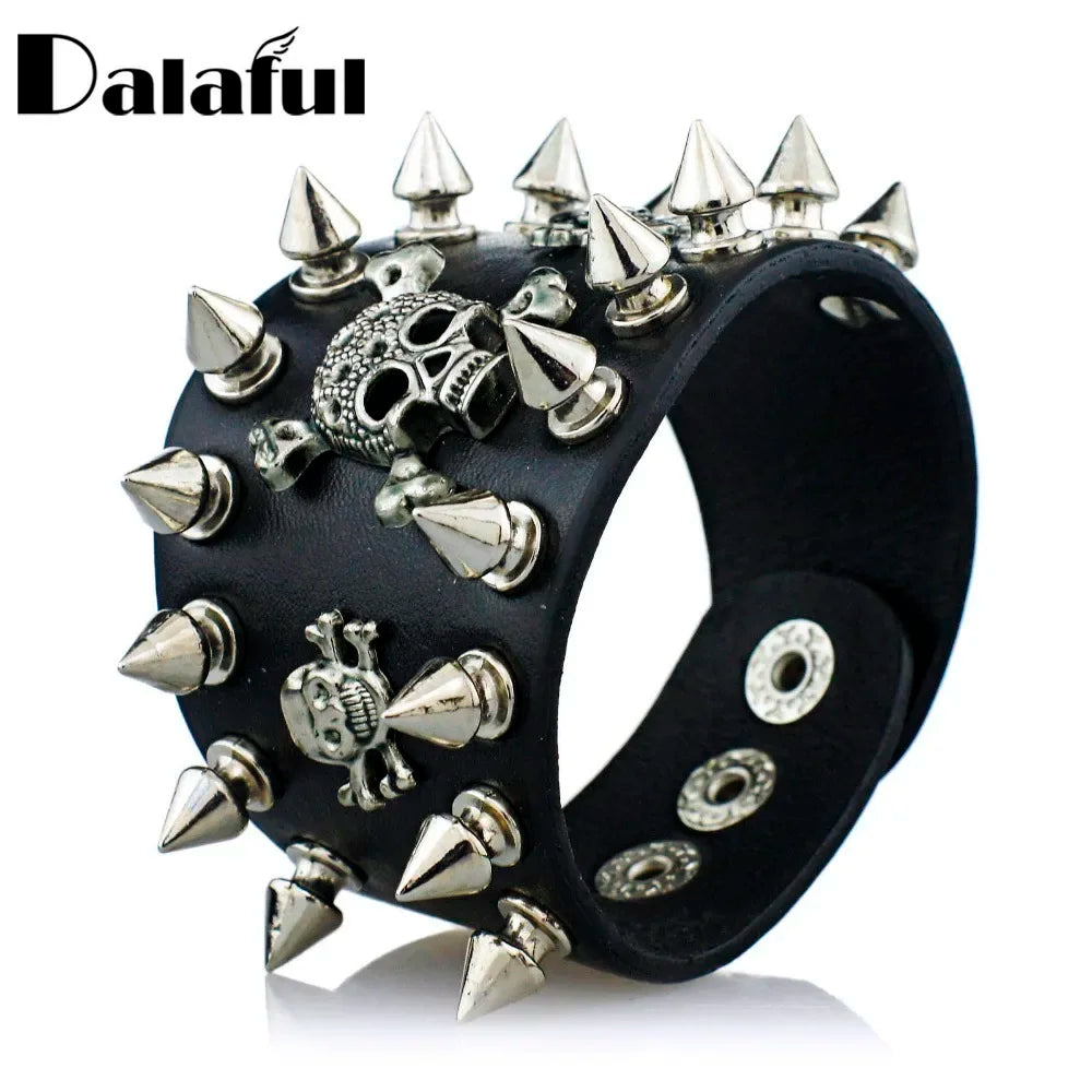 Bracelet en Cuir à Large Manchette, Modèle Unique Rock, Pointes, Rivet, Modules Gothiques, Squelette, Crâne, Punk, Biker, S059
