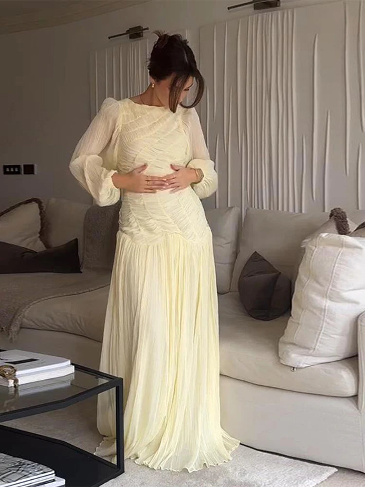 Robe longue plissée en mousseline de soie pour femme