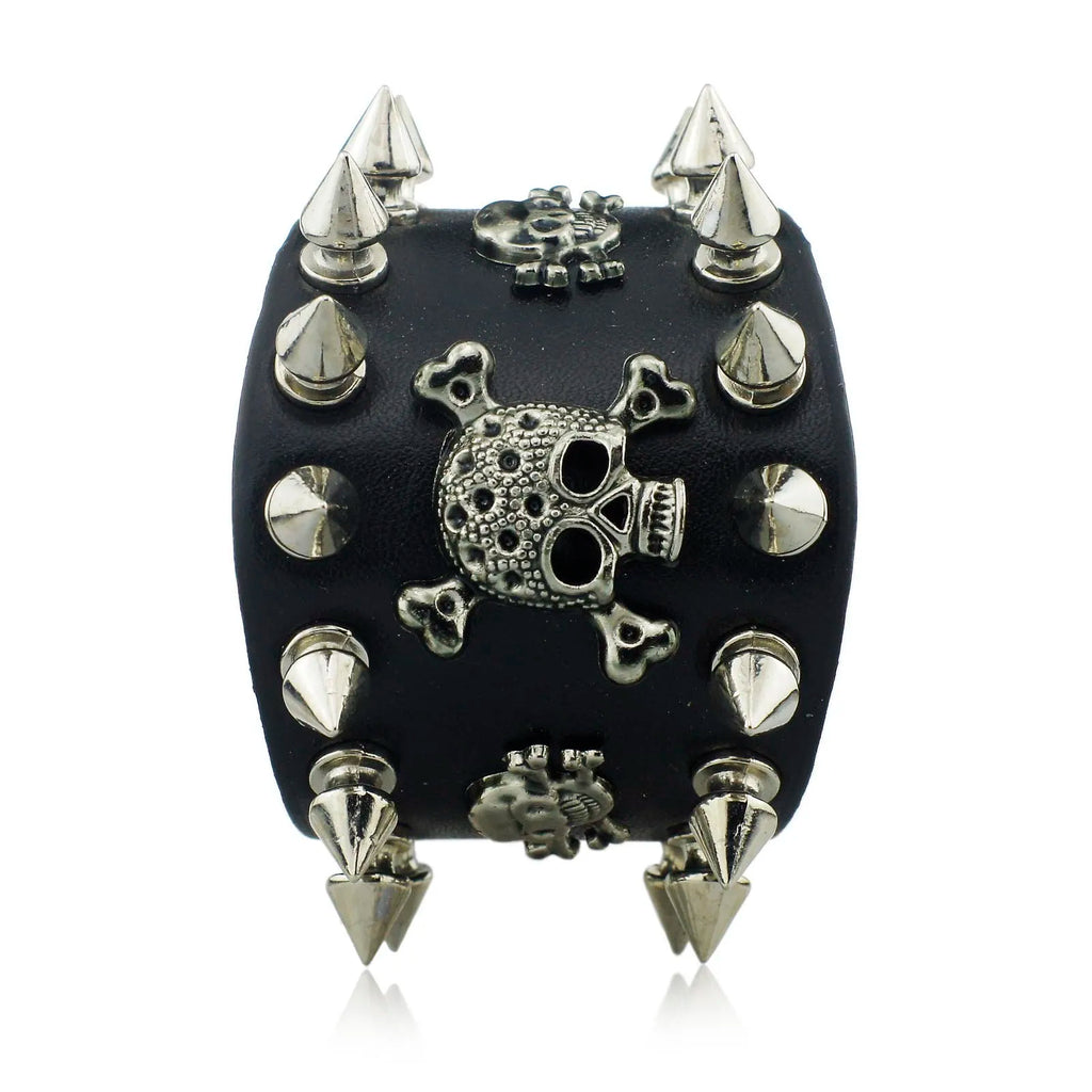 Bracelet en Cuir à Large Manchette, Modèle Unique Rock, Pointes, Rivet, Modules Gothiques, Squelette, Crâne, Punk, Biker, S059