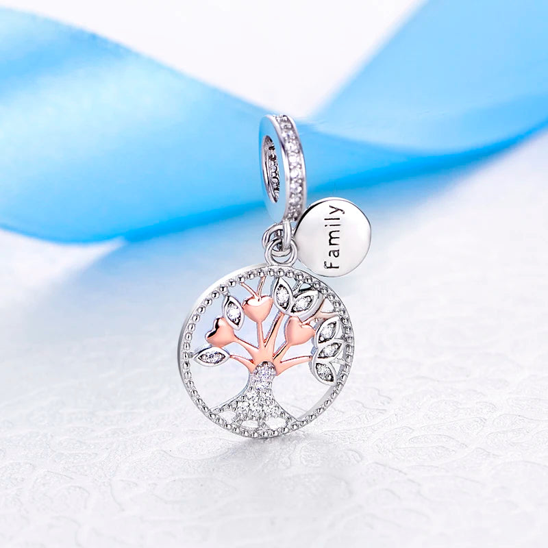 Original 925 en argent Sterling breloque perle arbre généalogique maman pendentif chaîne de sécurité breloques or Rose ajustement marque Bracelets bijoux à bricoler soi-même