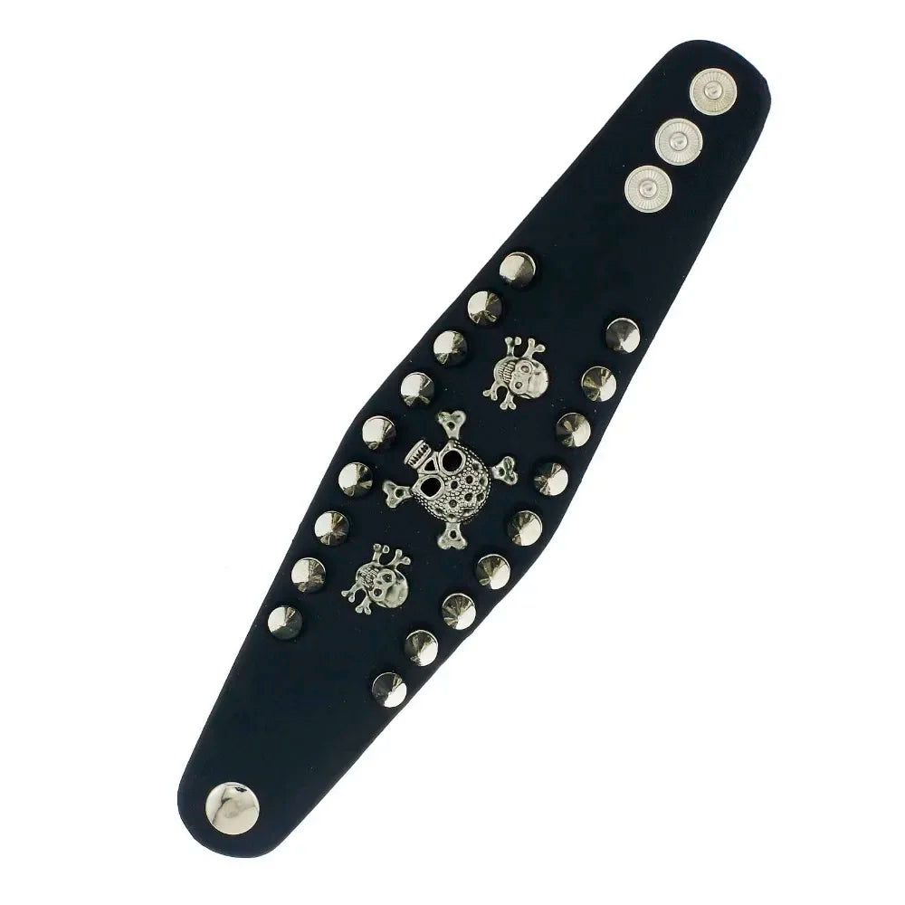 Bracelet en Cuir à Large Manchette, Modèle Unique Rock, Pointes, Rivet, Modules Gothiques, Squelette, Crâne, Punk, Biker, S059