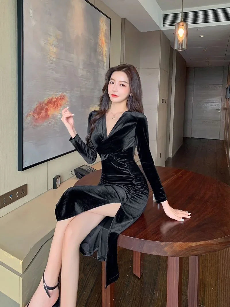 Grande taille sexy longue robe amincissante fente haute personnalité élégante nouveau 2025 tendance de la mode dame légère maturité style moulante...