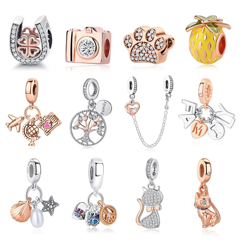 Original 925 en argent Sterling breloque perle arbre généalogique maman pendentif chaîne de sécurité breloques or Rose ajustement marque Bracelets bijoux à bricoler soi-même