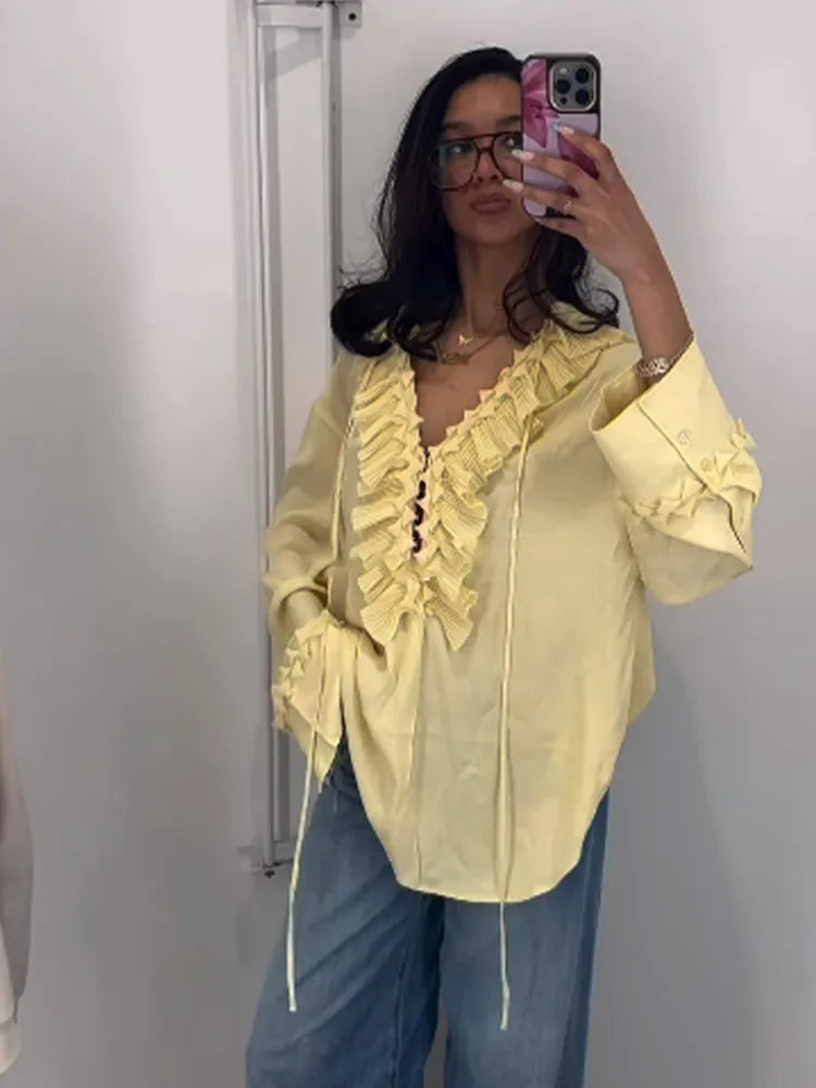 Chemise en mousseline de soie à volants pour femmes, manches longues, décontractée