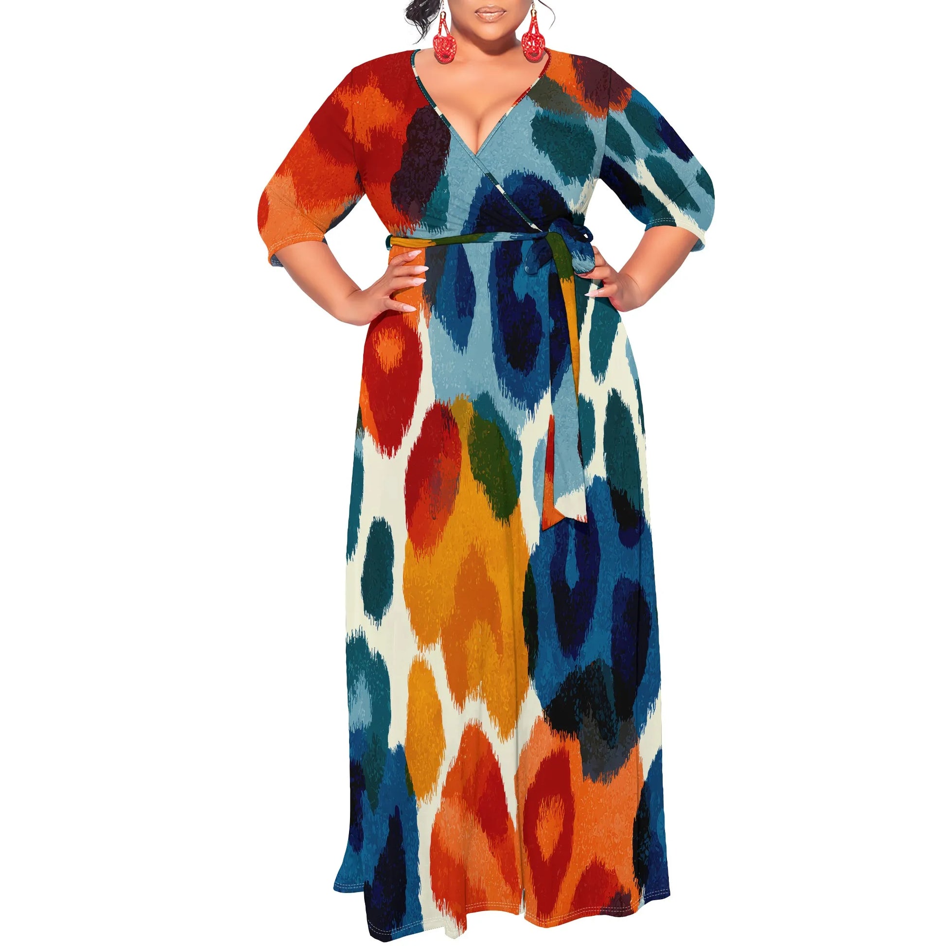 Robe longue portefeuille à imprimé abstrait pour femme, col en V, ceinturée, grande taille XL-6XL, robe chic décontractée pour l'automne et l'hiver