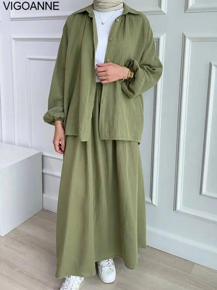 VigoAnne 2025 femmes musulmanes ensemble solide 2 pièces vêtements islamiques à manches longues robe de prière ensemble solide ample dame dubaï Abaya ensembles