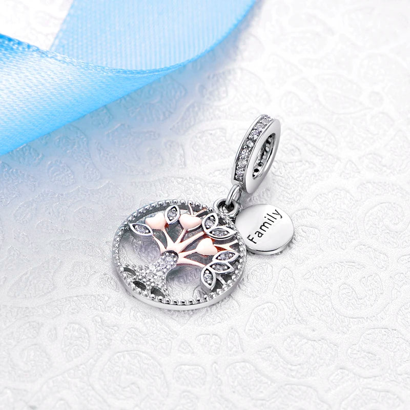 Original 925 en argent Sterling breloque perle arbre généalogique maman pendentif chaîne de sécurité breloques or Rose ajustement marque Bracelets bijoux à bricoler soi-même