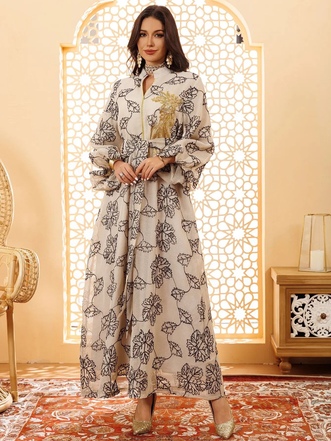 Abaya Or Floral Brodé Longue Robe Élégante