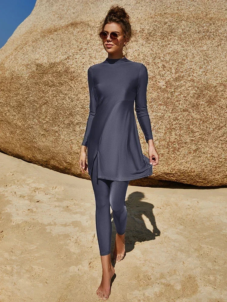 Burkini musulman pour femme, maillot de bain uni et modeste, ensembles de vêtements islamique