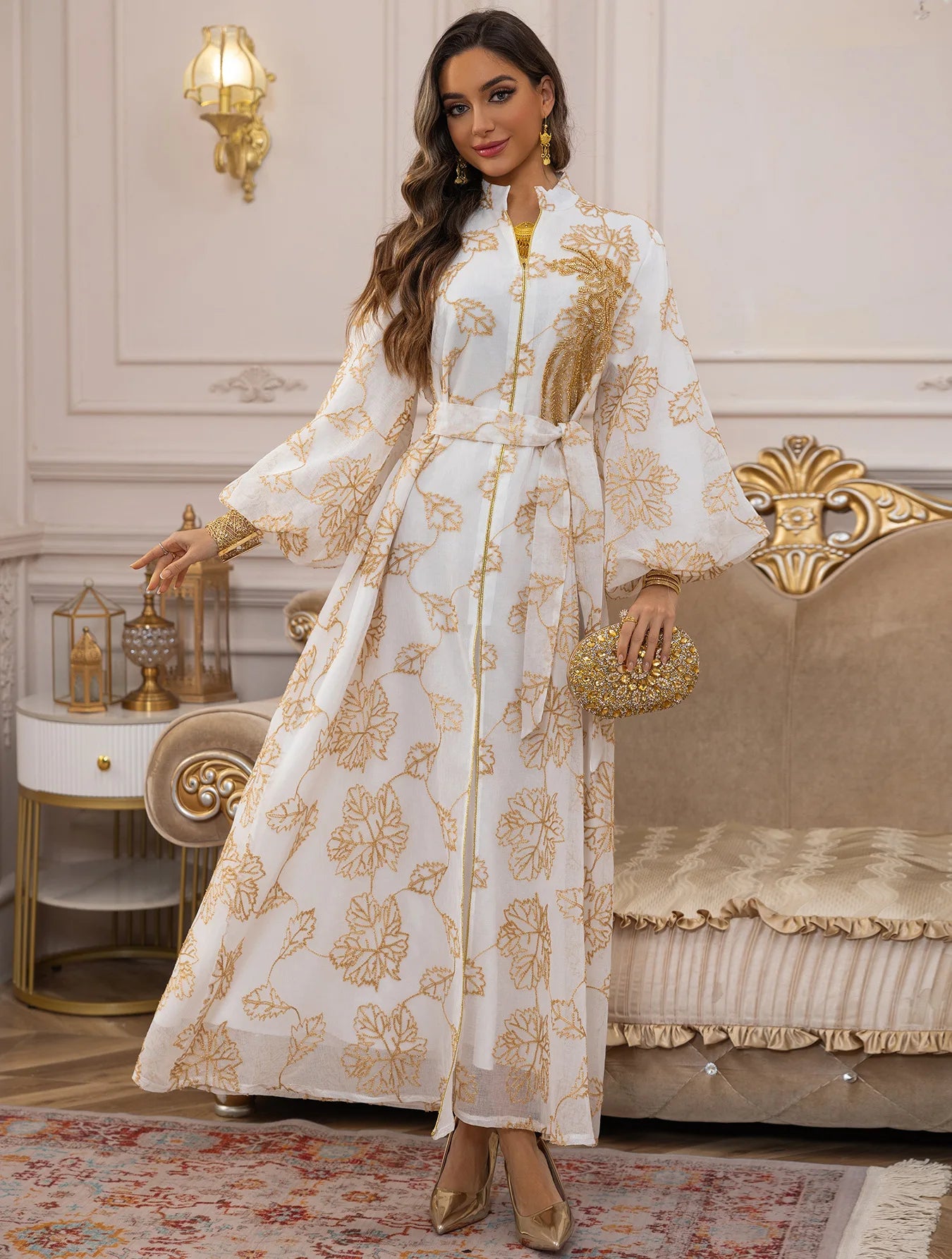 Abaya Or Floral Brodé Longue Robe Élégante