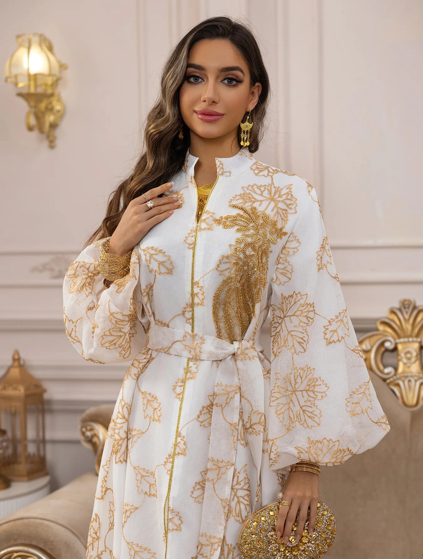 Abaya Or Floral Brodé Longue Robe Élégante
