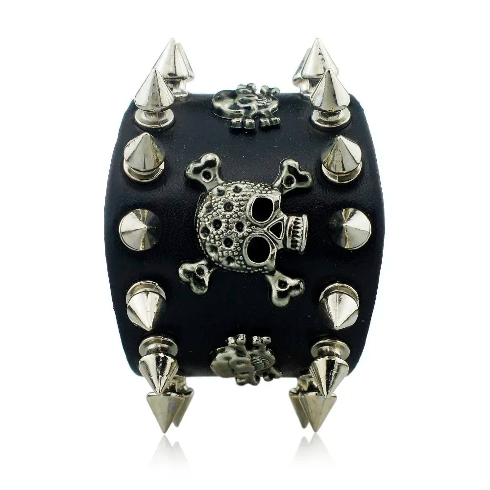 Bracelet en Cuir à Large Manchette, Modèle Unique Rock, Pointes, Rivet, Modules Gothiques, Squelette, Crâne, Punk, Biker, S059