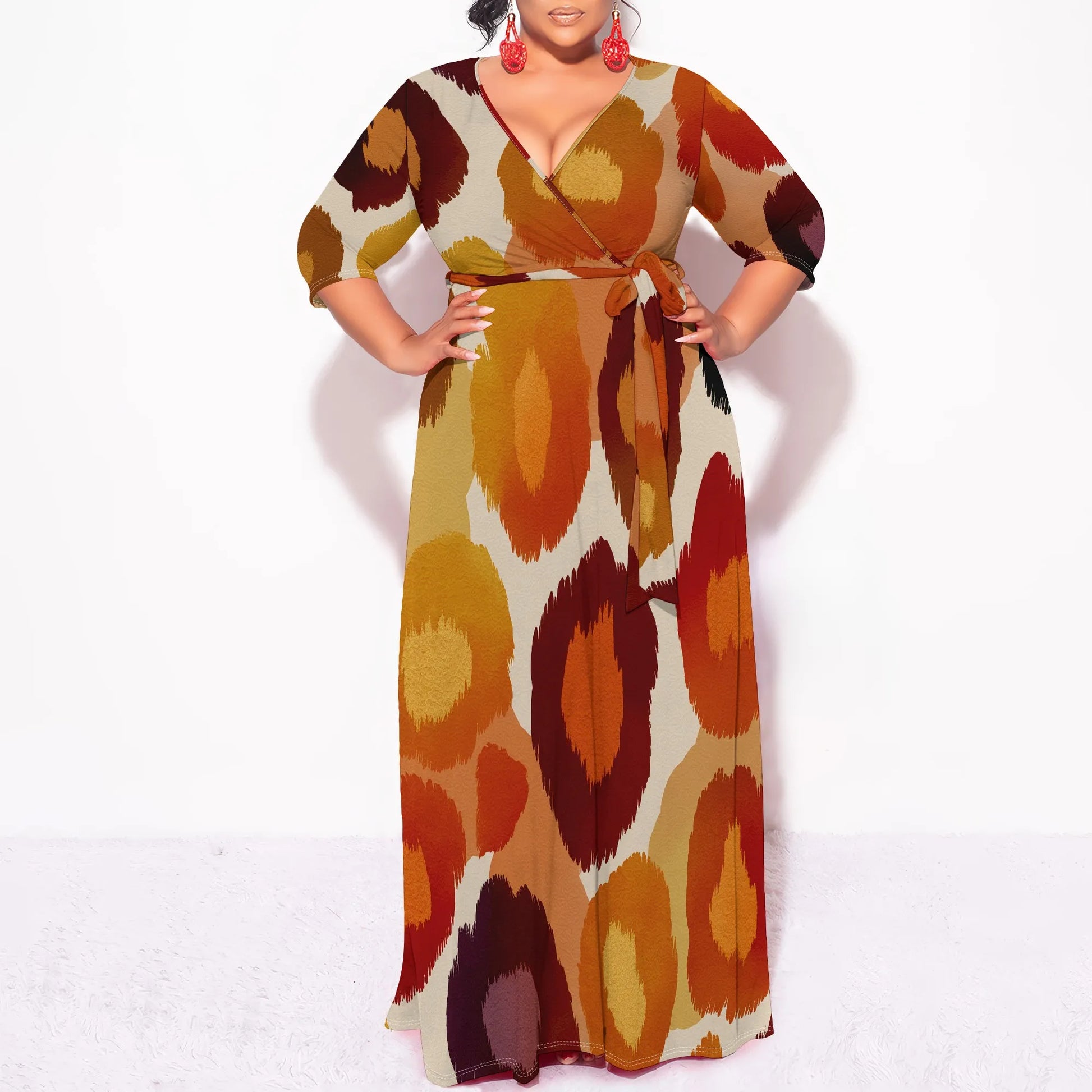 Robe longue portefeuille à imprimé abstrait pour femme, col en V, ceinturée, grande taille XL-6XL, robe chic décontractée pour l'automne et l'hiver